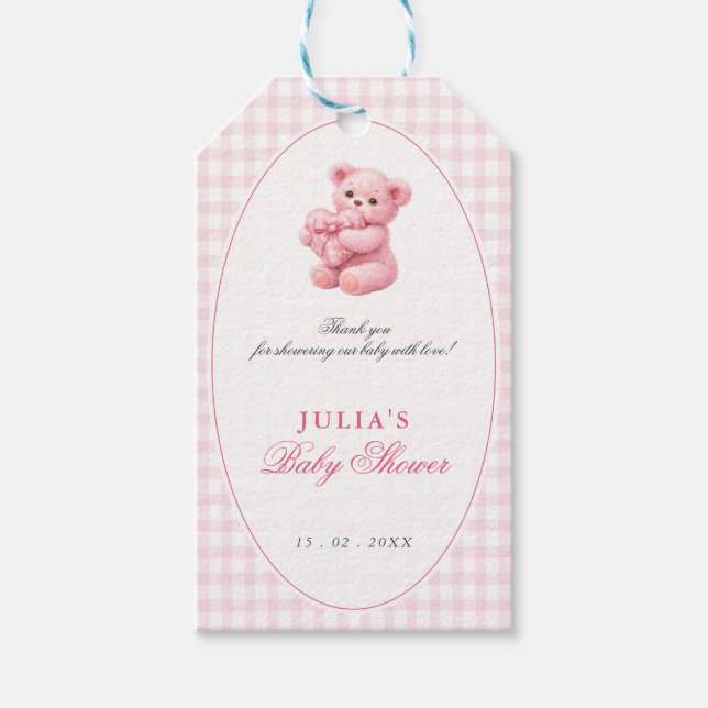 Etiqueta Para Presente Pink Gingham Teddy Bear Neutral Baby Shower (Frente)