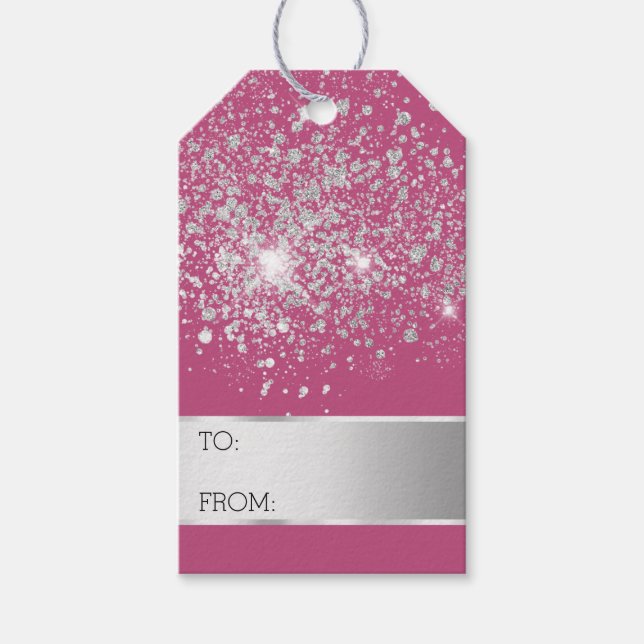 Etiqueta Para Presente Pink Glitter Silver Confetti Natal (Frente)