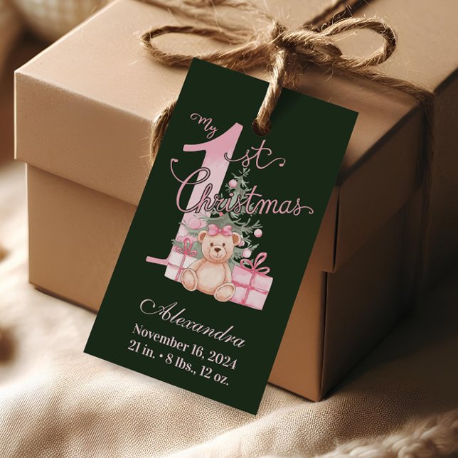 Etiqueta Para Presente Pink Green Baby First Christmas (Criador carregado)