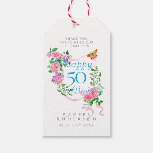Etiqueta Para Presente Pink Rose Ribbon 50th Birthday (Frente)