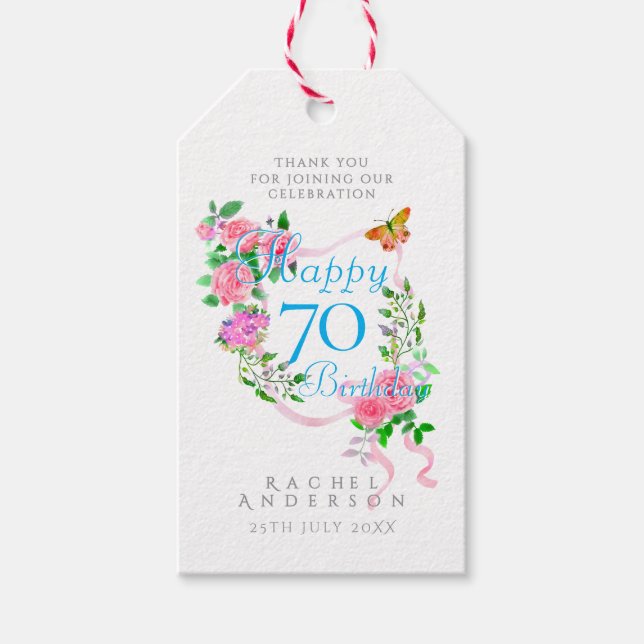 Etiqueta Para Presente Pink Rose Ribbon 70th Birthday (Frente)