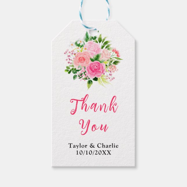 Etiqueta Para Presente Pink Roses with Foliage Wedding Thank You (Frente)