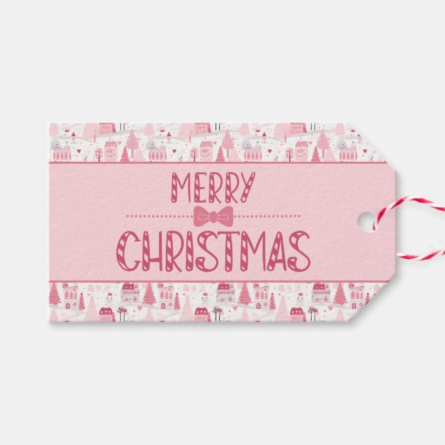 Etiqueta Para Presente Pink Snowy Village (Frente (horizontal))