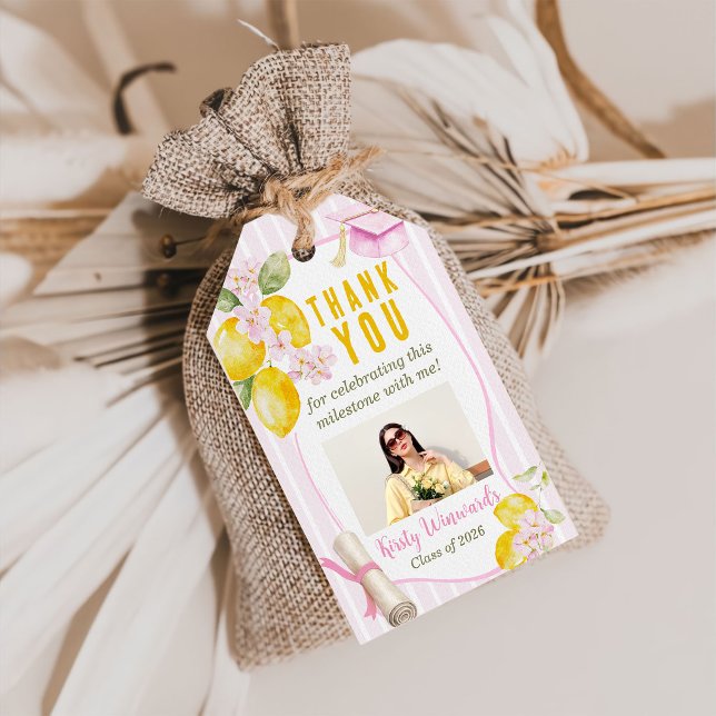Etiqueta Para Presente Pink Stripes Lemons and Flowers Graduation (Criador carregado)