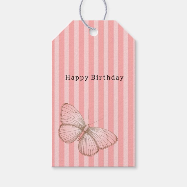 Etiqueta Para Presente Pink Stripes with Butterfly Birthday (Frente)
