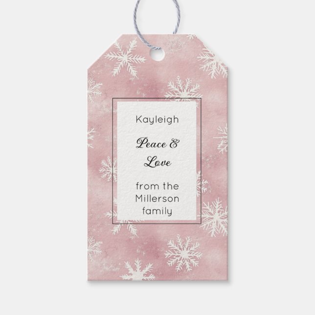 Etiqueta Para Presente Pink White Snowflakes Christmas Rectangle   (Frente)