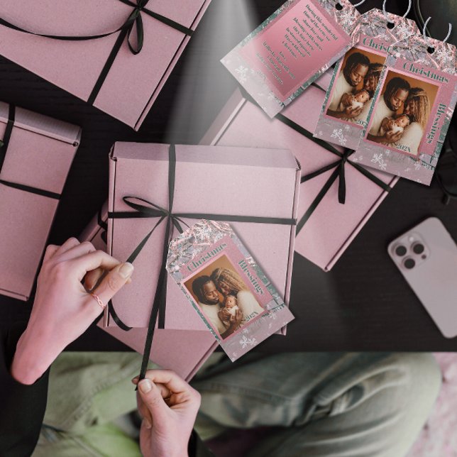 Etiqueta Para Presente Pink Winter Christmas Family Photo (Criador carregado)