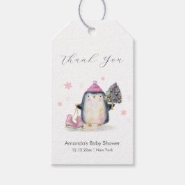 Etiqueta Para Presente Pink Winter Woodland Skate Penguin Baby Shower