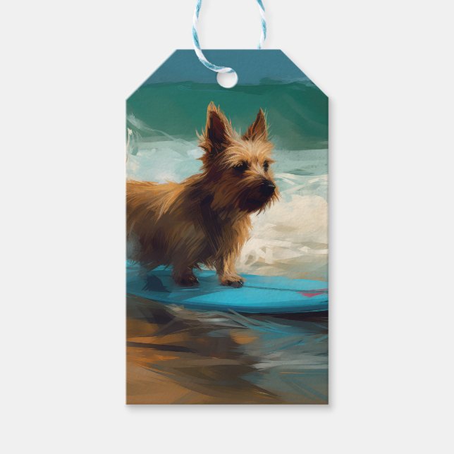 Etiqueta Para Presente Pintura de surfe na praia australiana Terrier (Frente)