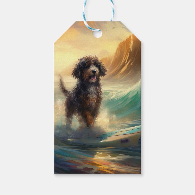Etiqueta Para Presente Pintura de surfe na praia de Bernedoodle (Frente)