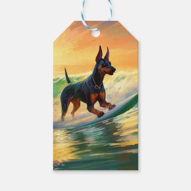 Etiqueta Para Presente Pintura de surfe na praia do Doberman (Frente)