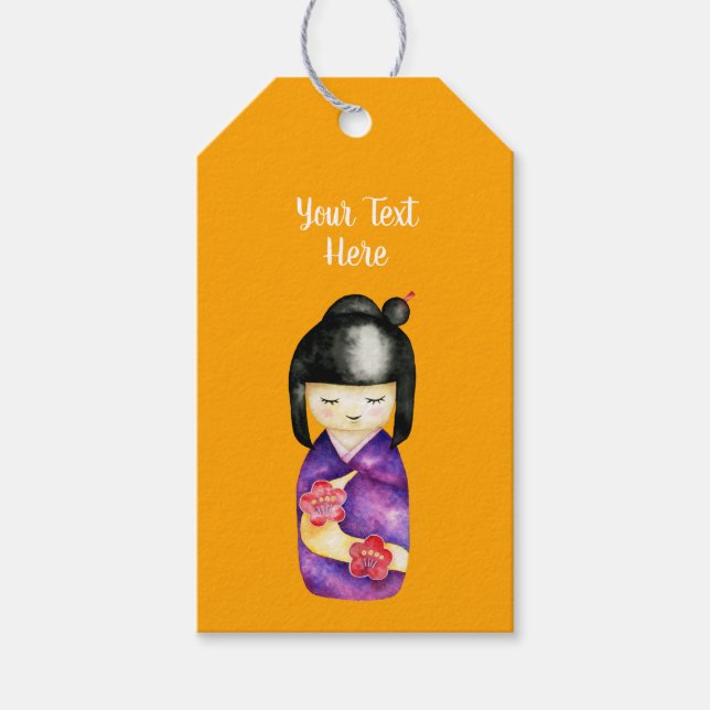 Etiqueta Para Presente Pintura em Aquarela de Boneca Kokeshi (Frente)