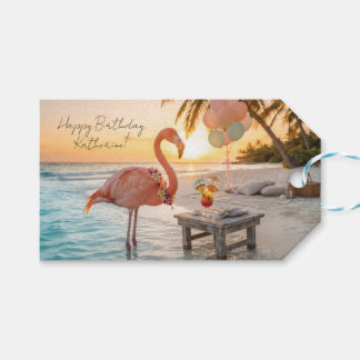 Etiqueta Para Presente Piquenique na Praia do Flamingo Tropical ao Pôr do