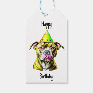 Etiqueta Para Presente Pitbull Fofo com Chapéu de Aniversário Para e De
