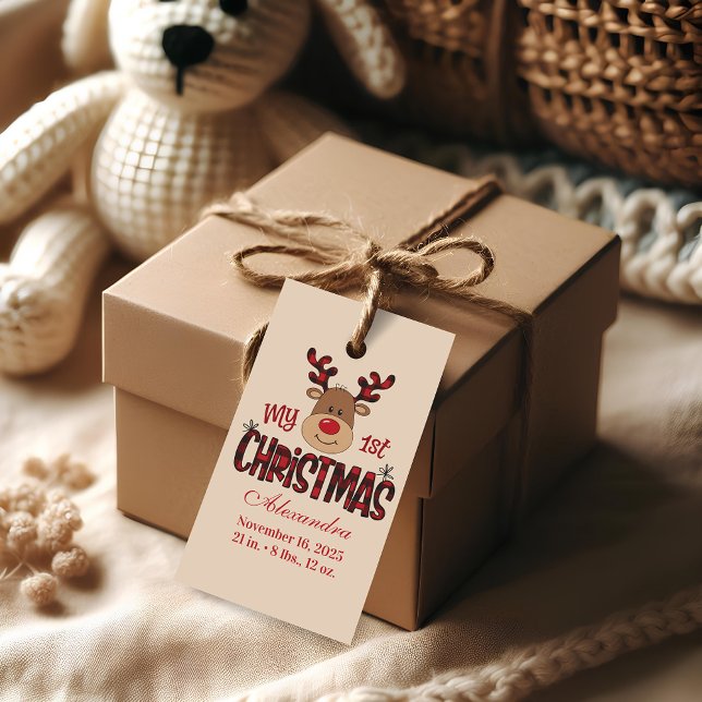 Etiqueta Para Presente Plaid Reindeer Baby First Christmas (Criador carregado)