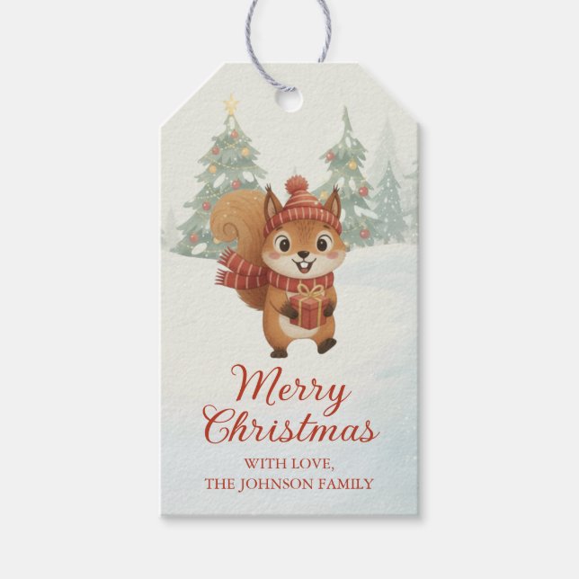 Etiqueta Para Presente Playful Squirrels in Christmas Winter Forest (Frente)