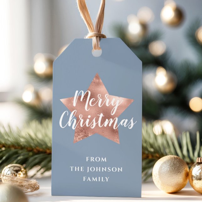 Etiqueta Para Presente Poeira Dourada Rosa Azul Natal Feliz  (Rose Gold Star Dusty Blue Merry Christmas Gift Tags)