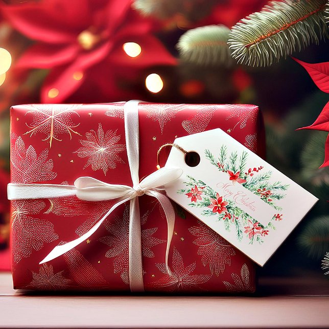 Etiqueta Para Presente Poinsettia aquática e Natal verde (Criador carregado)