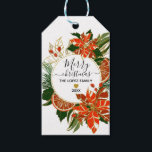 Etiqueta Para Presente Poinsettia Citrus Dourado Winter Merry Christmas<br><div class="desc">As poinsetos vermelhos festivos e as fatias vibrantes de citrinos de laranja criam um design de Natal ousado. As folhas verdes escuras enquadram-nas.</div>