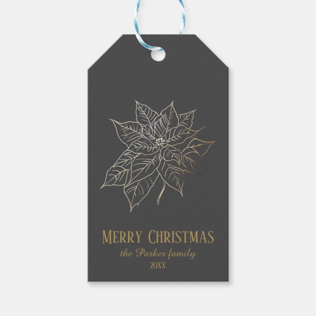 Etiqueta Para Presente Poinsettia Dourada Elegante em Fundo Escuro (Frente)