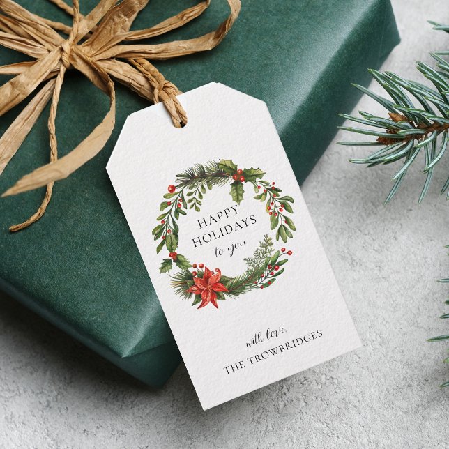 Etiqueta Para Presente Poinsettia Greenery Feriados de Natal Feriados Fer (Christmas Holidays Red Berries Wreath Gift Tag)