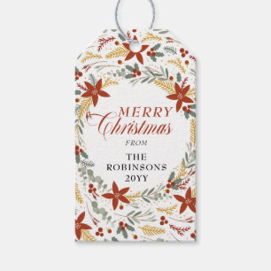Etiqueta Para Presente Poinsettia Holly Berries Wreath Feliz Natal