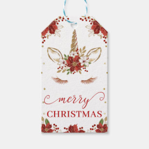 Etiqueta Para Presente Poinsettia Unicórnio de Natal Alegre Vermelho e Do
