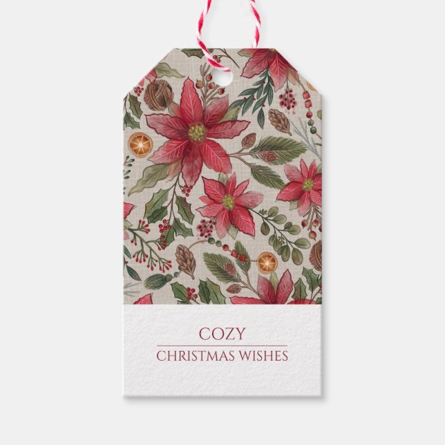 Etiqueta Para Presente Poinsettias de Natal Rústico (Frente)