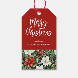 Etiqueta Para Presente Poinsettias e Frutas de Natal em Aquarela