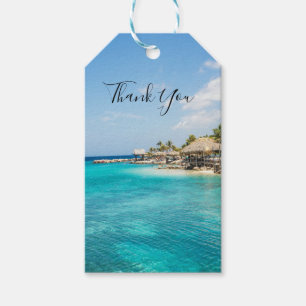 Etiqueta Para Presente Praia tropical Cênica com Foto Thatch Huts