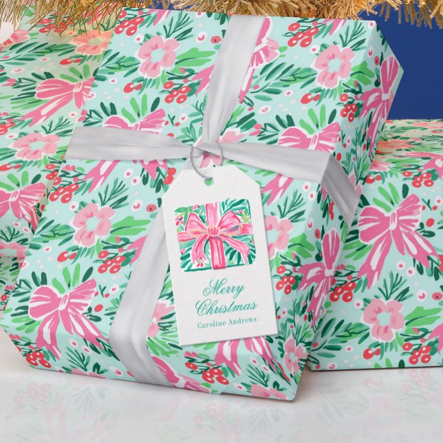 Etiqueta Para Presente Preppy Pink e Green Christmas presente (Criador carregado)