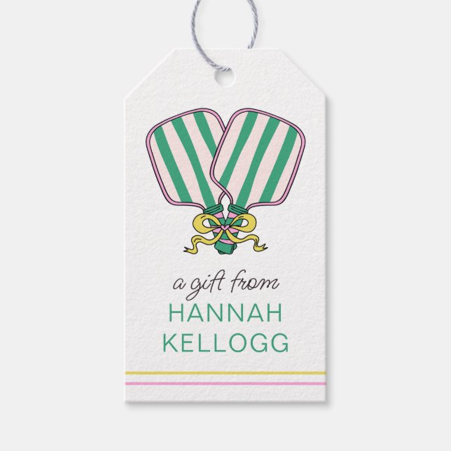 Etiqueta Para Presente Preppy Pink Green & Yellow Pickleball Paddles (Frente)