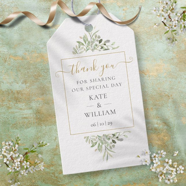 Etiqueta Para Presente Presente de Agradecimento de Casamento com Rótulo  (Greenery Gold Script Thank You Wedding Favor Gift Gift Tags)