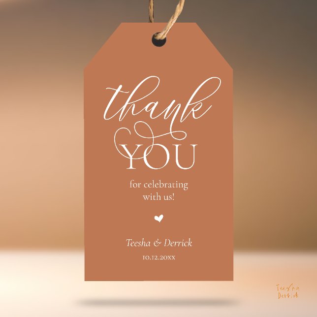 Etiqueta Para Presente Presentes de Festa de casamento moderna - Obrigado (Modern Classy Wedding Party Favor Gifts Tag Thank You Label in Copper Brown)