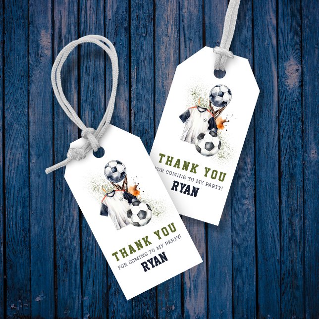 Etiqueta Para Presente Presentes personalizados para Aniversário de crian (Green Blue Soccer Birthday Party Thank You Favor Tag)