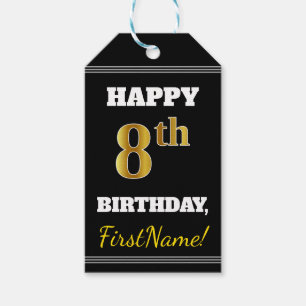 Etiqueta Para Presente Preto, Dourado Falso Aniversário de 8 anos + Nome
