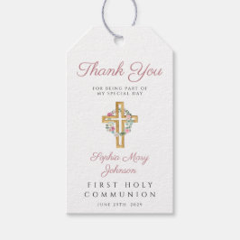 Etiqueta Para Presente Primeira comuna de Wreath Cross Girl Floral, cor-d