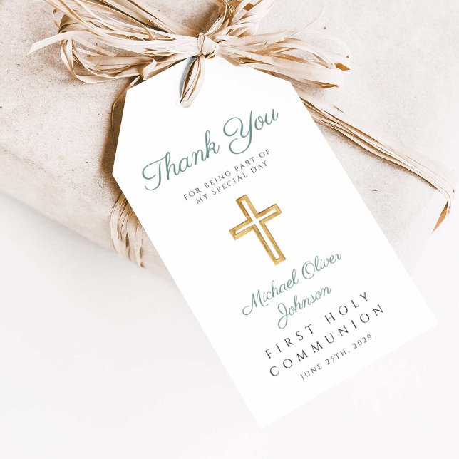 Etiqueta Para Presente Primeira comuna religiosa Cruz Verde (Religious Cross Green Boy First Communion Gift Tags)