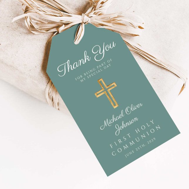 Etiqueta Para Presente Primeira comuna religiosa Cruz Verde (Religious Cross Green Boy First Communion Gift Tags)