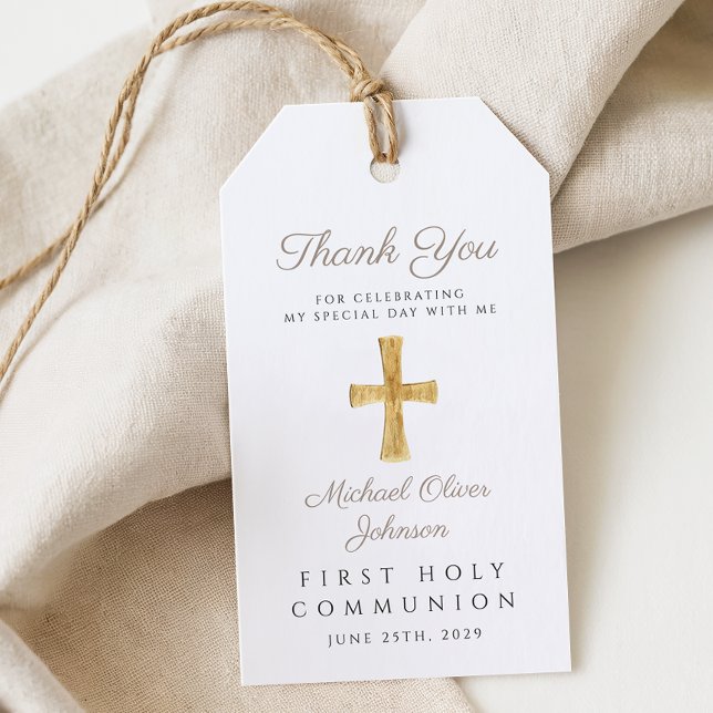 Etiqueta Para Presente Primeira Comunhão da Cruz Religiosa (Religious Cross Taupe First Communion Gift Tags)