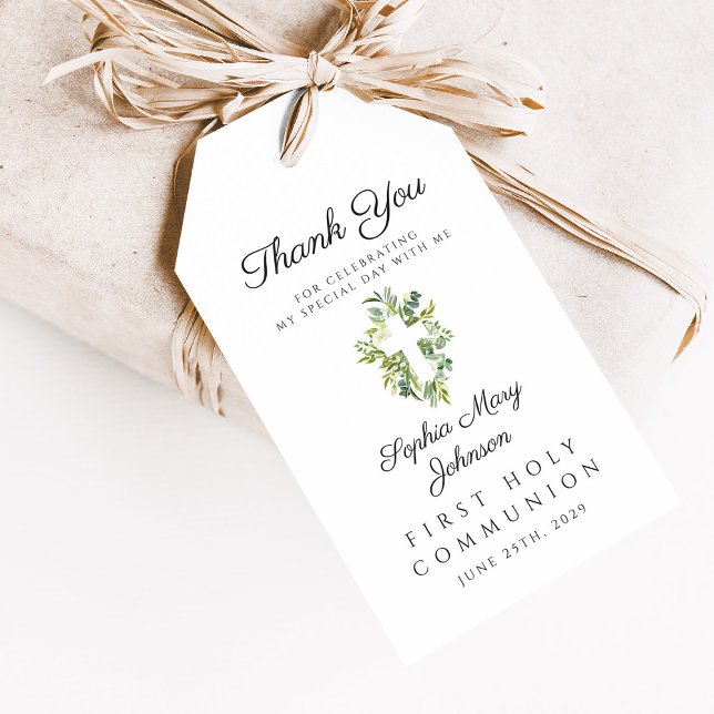 Etiqueta Para Presente Primeira Comunicação da Cruz Botânica Verde Elegan (Elegant Green Botanical Cross First Communion Gift Tags)