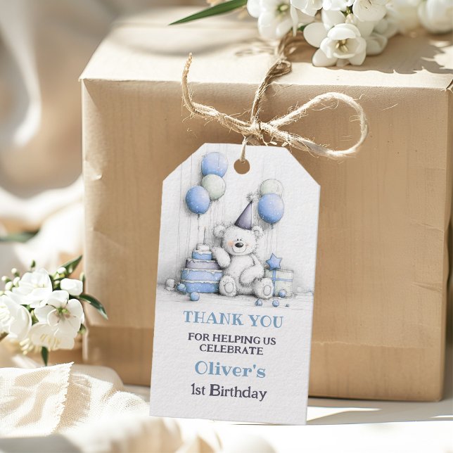 Etiqueta Para Presente Primeiro aniversario De Urso Azul, Gelado, Obrigad (Criador carregado)