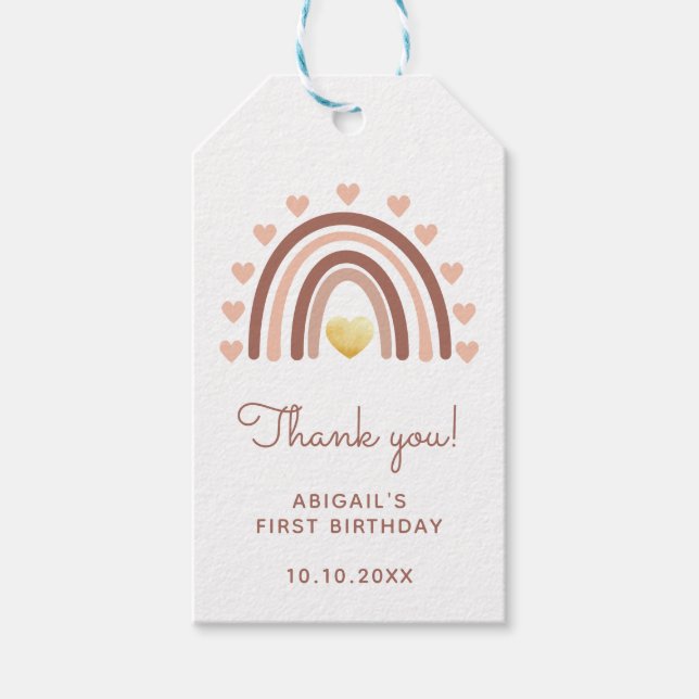 Etiqueta Para Presente Primeiro Aniversário do Arco-Íris Obrigado Pink (Frente)