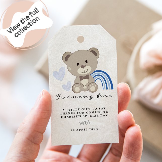 Etiqueta Para Presente Primeiro aniversario do Urso de Teddy Azul (Criador carregado)