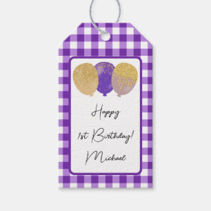Etiqueta Para Presente Primeiro aniversario Feliz e Roxo Gingham e Balões