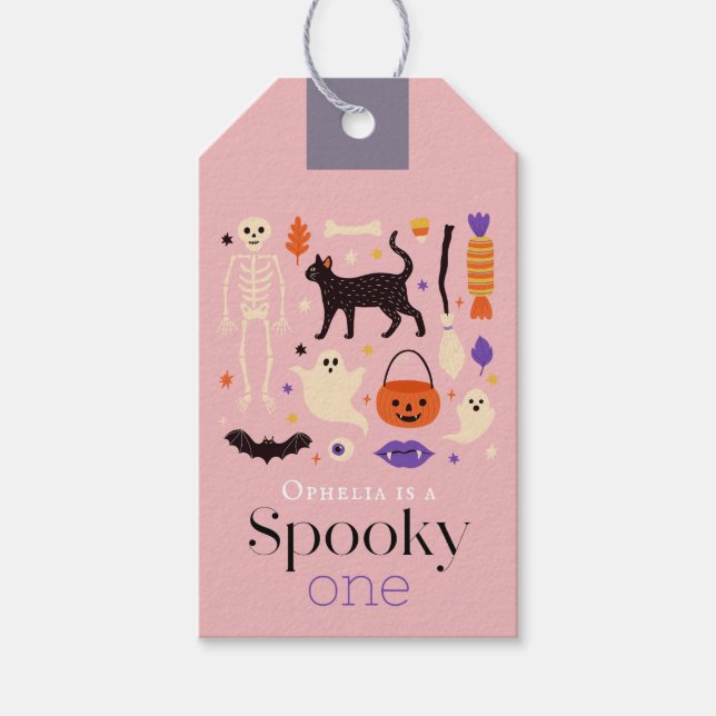 Etiqueta Para Presente Primeiro aniversario Rosa Spooky One Halloween Mot (Frente)