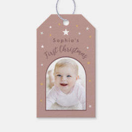 Etiqueta Para Presente Primeiro Natal da Bebê Foto Personalizada Old Rose