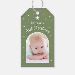 Etiqueta Para Presente Primeiro Natal do Bebê Foto Personalizada Verde Sa