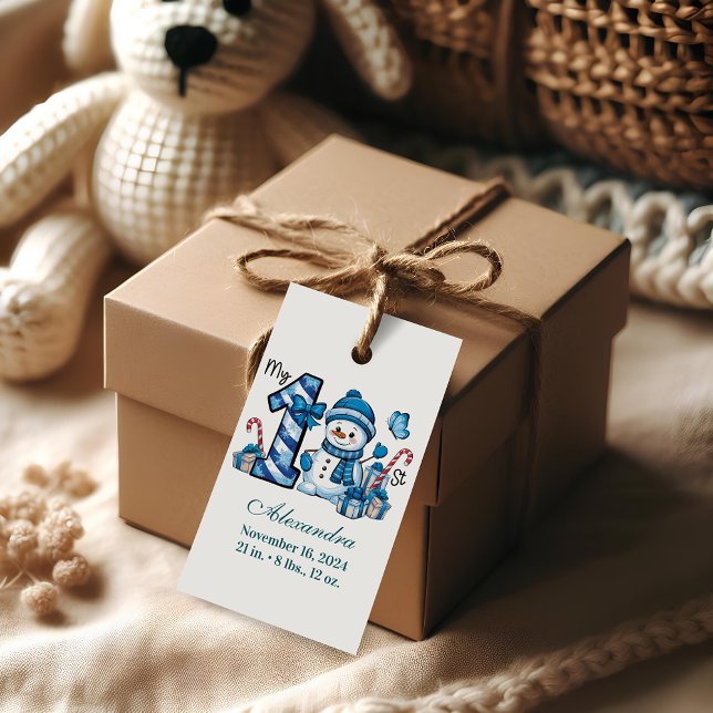 Etiqueta Para Presente Primeiro Natal do Boneco de Neve Azul (Criador carregado)