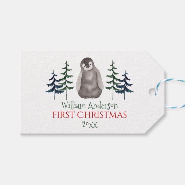 Etiqueta Para Presente Primeiro Natal Pinguim e Árvore Personalizadas (Frente (horizontal))